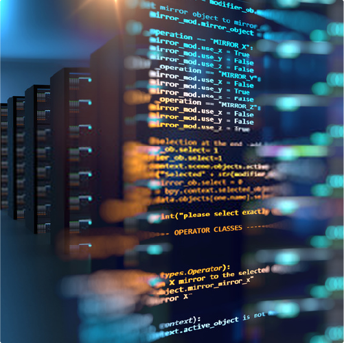 Código Python sobrepuesto en un render de una granja de servidores.